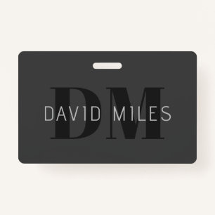 Modern Dark Grey & Black Editable Name & Monogram ID Badge
