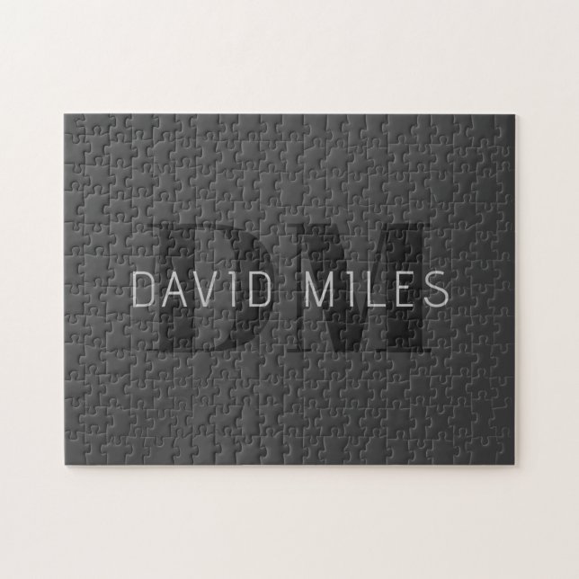Modern Dark Grey & Black Editable Name & Monogram Jigsaw Puzzle (Horizontal)