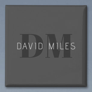 Modern Dark Grey & Black Editable Name & Monogram Magnet