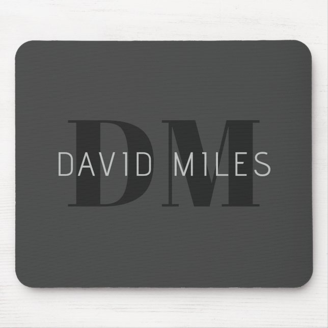 Modern Dark Grey & Black Editable Name & Monogram Mouse Mat (Front)