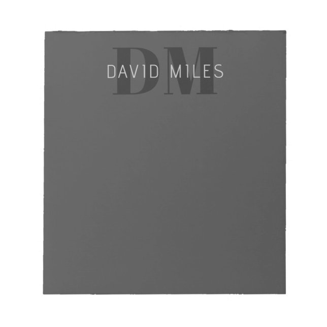 Modern Dark Grey & Black Editable Name & Monogram Notepad (Front)