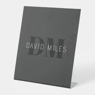 Modern Dark Grey & Black Editable Name & Monogram Pedestal Sign