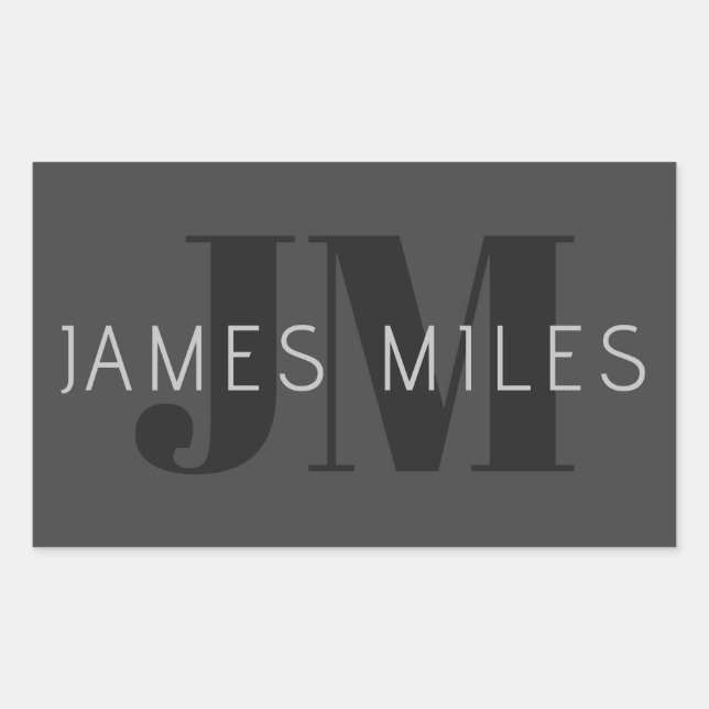 Modern Dark Grey & Black Editable Name & Monogram Rectangular Sticker (Front)