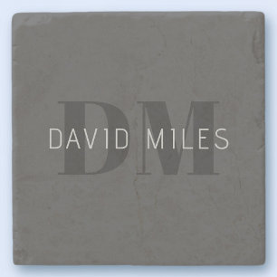 Modern Dark Grey & Black Editable Name & Monogram Stone Coaster