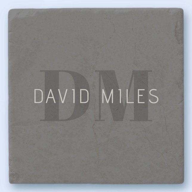 Modern Dark Grey & Black Editable Name & Monogram Stone Coaster (Creator Uploaded)