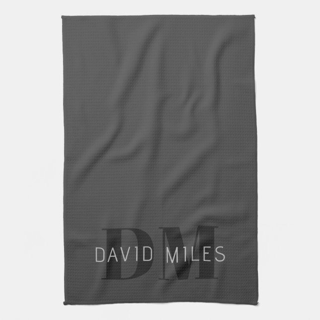 Modern Dark Grey & Black Editable Name & Monogram Tea Towel (Vertical)