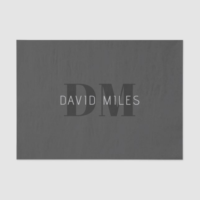 Modern Dark Grey & Black Editable Name & Monogram Tissue Paper (Front)