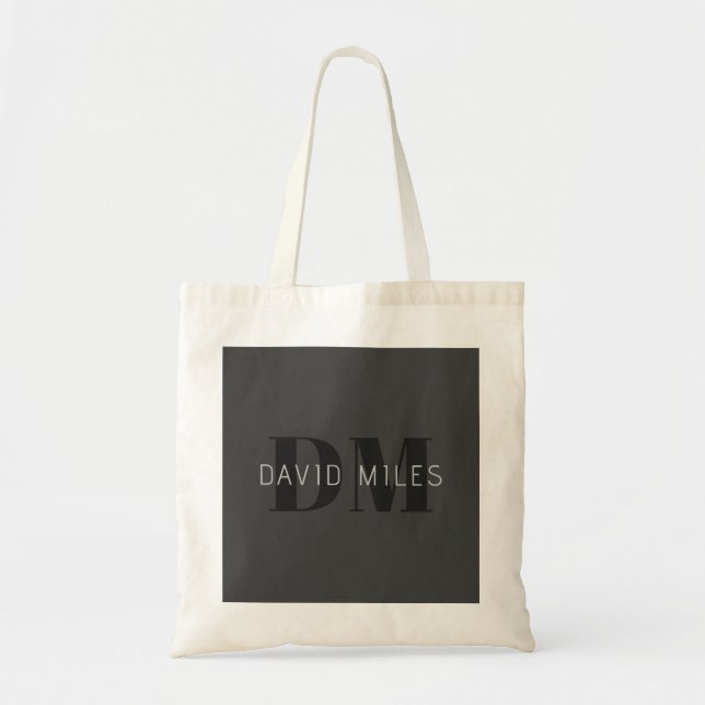 Modern Dark Grey & Black Editable Name & Monogram Tote Bag (Front)