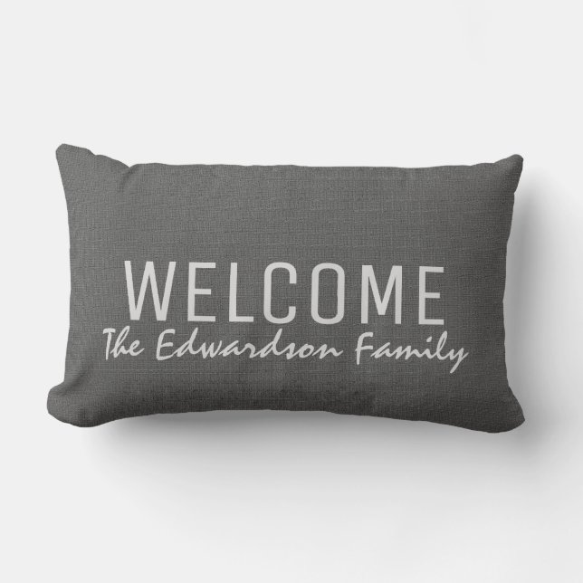 Modern dark grey burlap Welcome Family monogram Lumbar Cushion (Front)