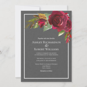 Modern Dark Grey Linen Burgundy Floral Wedding Invitation