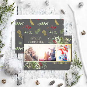Modern Dark Grey Merry Christmas Script Pine Photo Foil Holiday Card