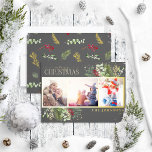 Modern Dark Grey Merry Christmas Script Pine Photo Foil Holiday Card<br><div class="desc">Looking for a unique holiday card that will really stand out? Check out our Modern Dark Grey Merry Christmas Script Pine Photo Gold Foil Holiday Card! This beautiful card features three of your favourite photos in a gold foil frame, accented by festive red, green and gold foil winter motifs. Gold...</div>