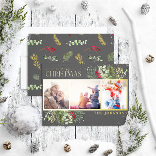 Modern Dark Grey Merry Christmas Script Pine Photo Foil Holiday Card