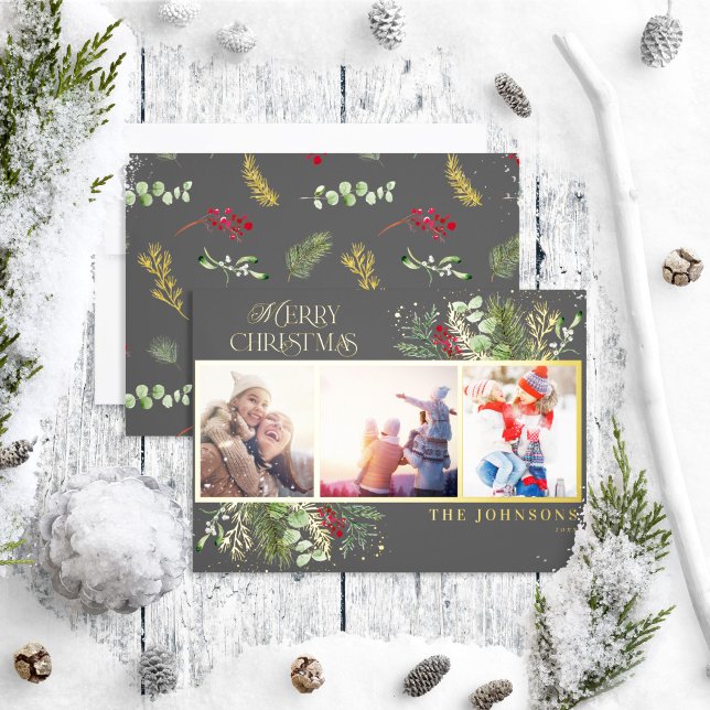 Modern Dark Grey Merry Christmas Script Pine Photo Foil Holiday Card (Creator Uploaded)