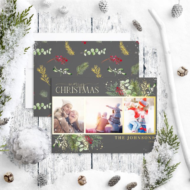 Modern Dark Grey Merry Christmas Script Pine Photo Foil Holiday Card (Creator Uploaded)