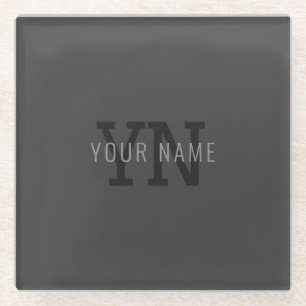 Modern Dark Grey Monogrammed Name (or other text) Glass Coaster
