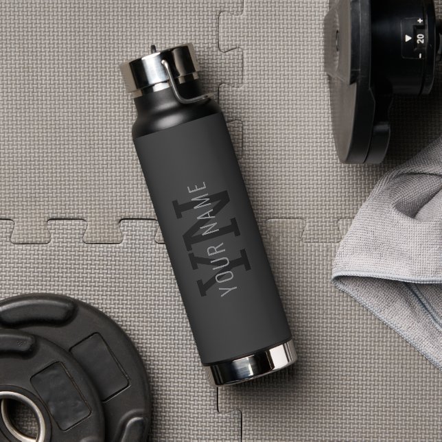 Modern Dark Grey Monogrammed Name (or other text) Water Bottle (Gym)