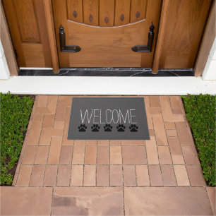 Modern dark grey Welcome family dog paws Doormat