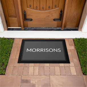 Modern dark grey white black custom name border doormat