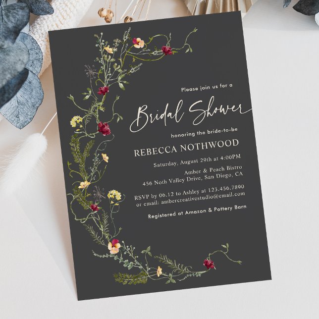Modern Dark Grey Wildflower Bridal Shower Invitation (Creator Uploaded)