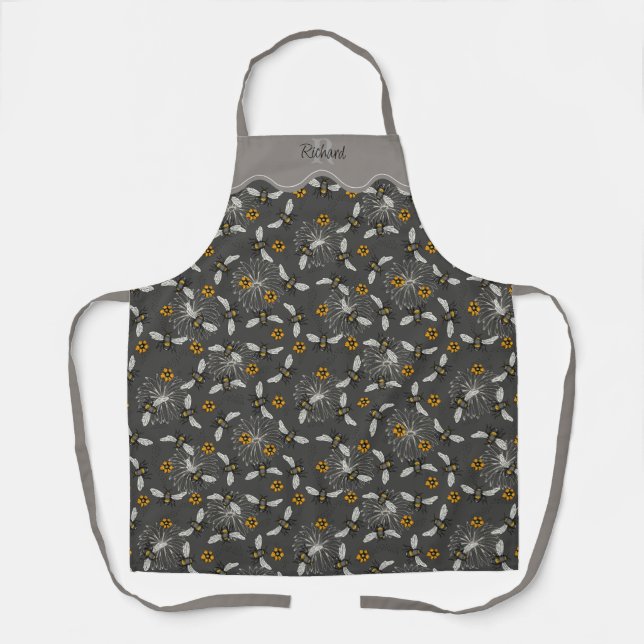 Modern Dark Grey & Yellow Bees Pattern Gardening Apron (Front)