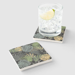 Modern dark illustration of popular indoor plants stone coaster