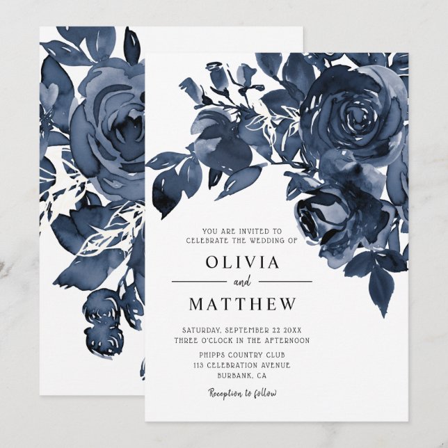Modern Dark Ink Blue Floral Bouquet Wedding Invitation (Front/Back)