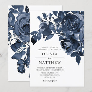 Modern Dark Ink Blue Floral Bouquet Wedding Invitation