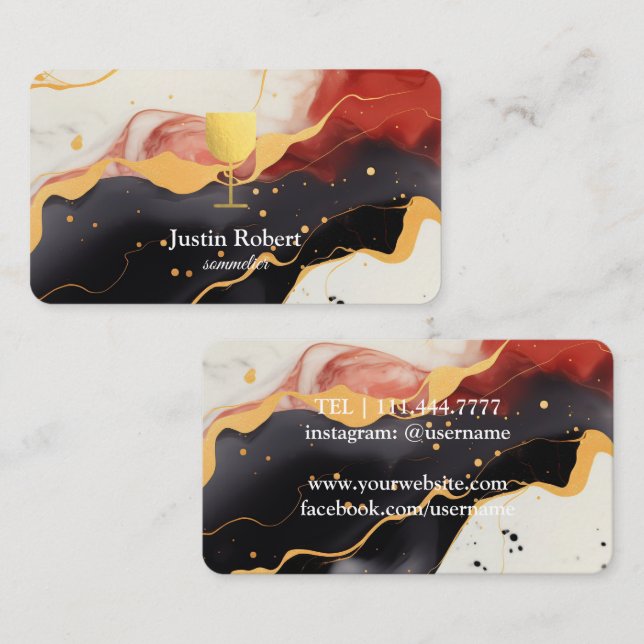 Modern Dark Marble Wine Bartender Sommelier Business Card (Front/Back)