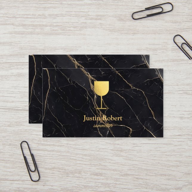Modern Dark Marble Wine Bartender Sommelier Business Card (Front/Back In Situ)