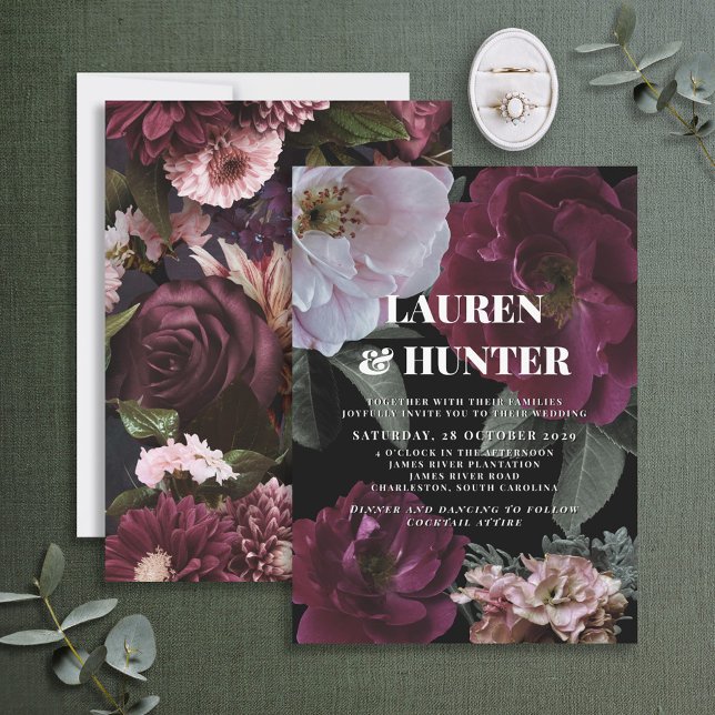 Modern Dark Moody Burgundy Pink Floral Wedding Inv Invitation (Creator Uploaded)