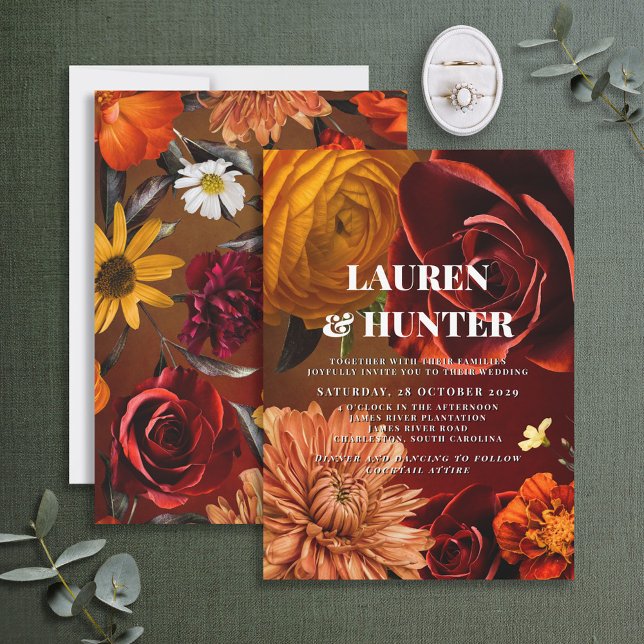 Modern Dark Moody Sunset Colours Floral Wedding In Invitation (Creator Uploaded)