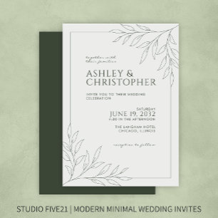 Modern Dark Moss Green Foliage Outline Wedding Invitation