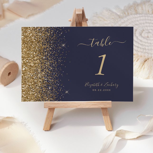 Modern Dark Navy Blue Gold Glitter Edge Wedding Table Number (Creator Uploaded)
