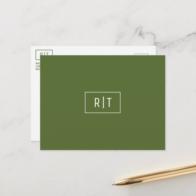 Modern Dark Olive Green Monogram Postcard (Front/Back In Situ)