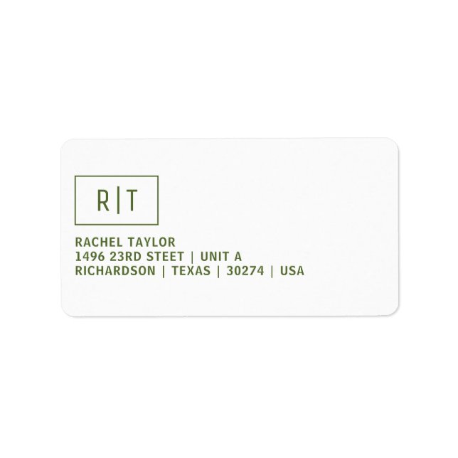 Modern Dark Olive Green Monogram Return Address Label (Front)