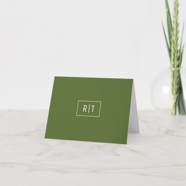 Modern Dark Olive Green White Monogram Simple Note Card (Front)