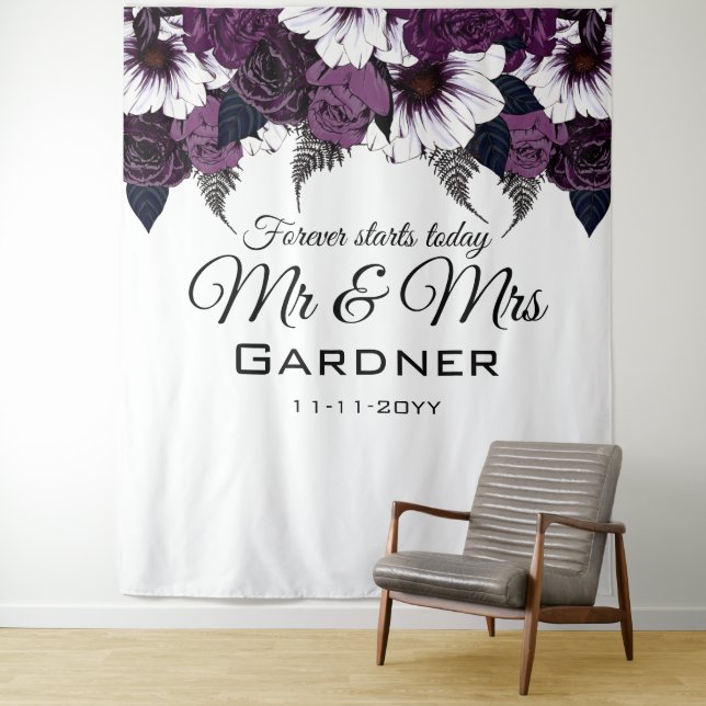 Modern Dark Plum and White Floral Wedding Tapestry (In Situ)