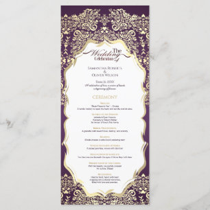 Modern Dark Purple and Gold Damask Wedding Program Programme