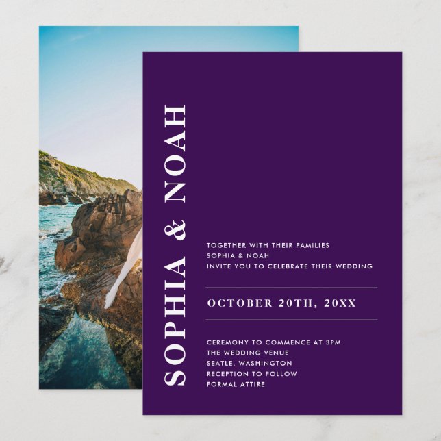 Modern Dark Purple Elegant Simple Wedding Photo Invitation (Front/Back)