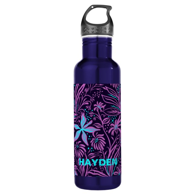 Modern Dark Purple Floral Pattern Personalised 710 Ml Water Bottle (Front)