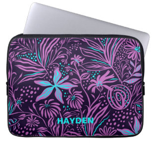 Modern Dark Purple Floral Pattern Personalised Laptop Sleeve