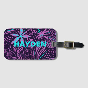 Modern Dark Purple Floral Pattern Personalised Luggage Tag