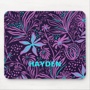 Modern Dark Purple Floral Pattern Personalised Mouse Mat