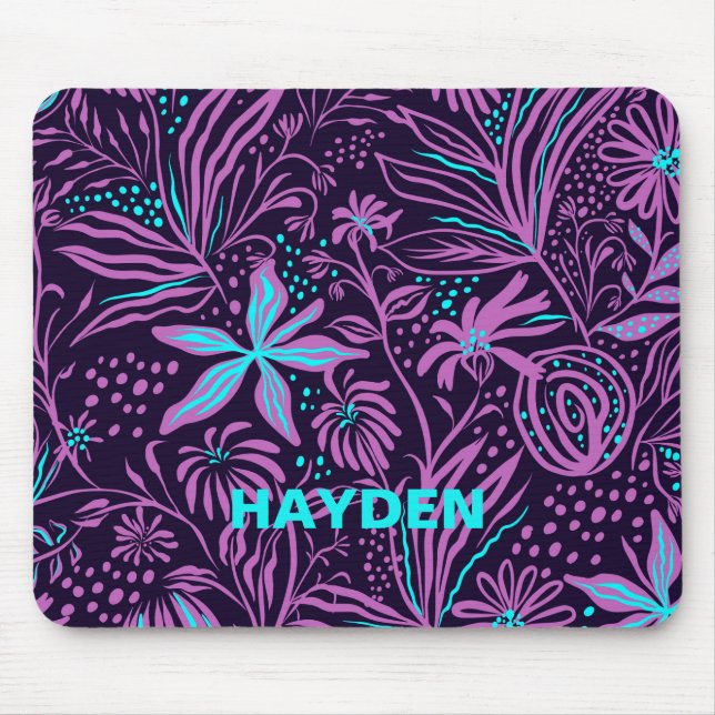 Modern Dark Purple Floral Pattern Personalised Mouse Mat (Front)