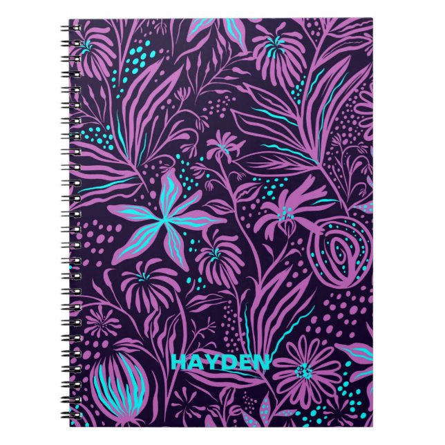 Modern Dark Purple Floral Pattern Personalised Notebook (Front)