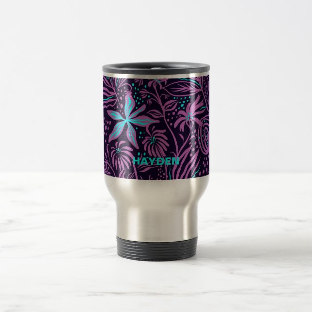 Modern Dark Purple Floral Pattern Personalised Travel Mug (Center)