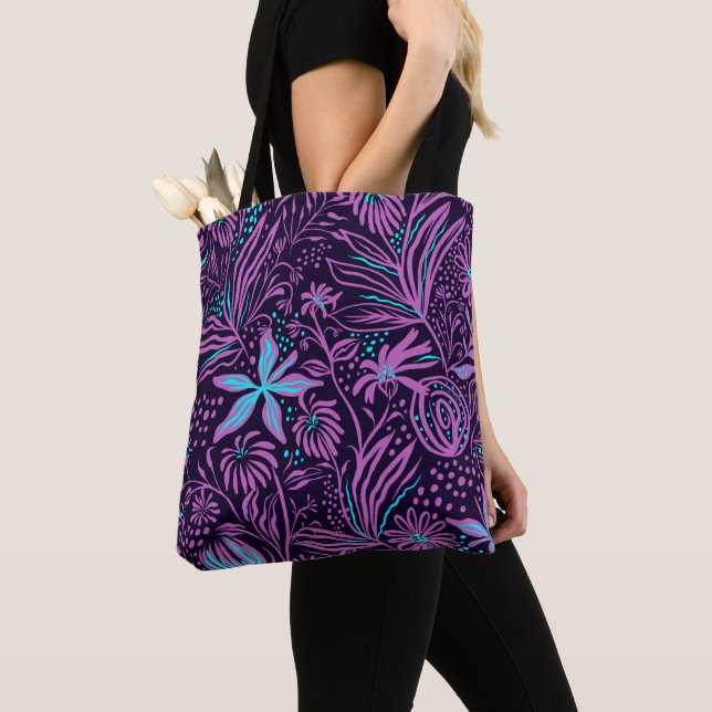 Modern Dark Purple Floral Pattern Tote Bag (Close Up)