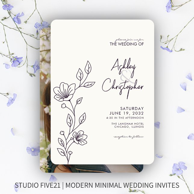 Modern Dark Purple Foliage Outline Photo Wedding Invitation (Creator Uploaded)