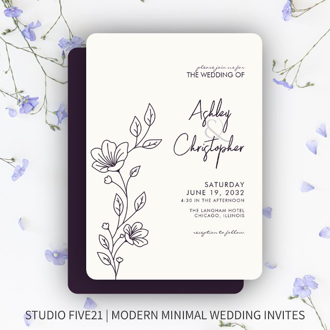 Modern Dark Purple Foliage Outline Wedding Invitation (Creator Uploaded)